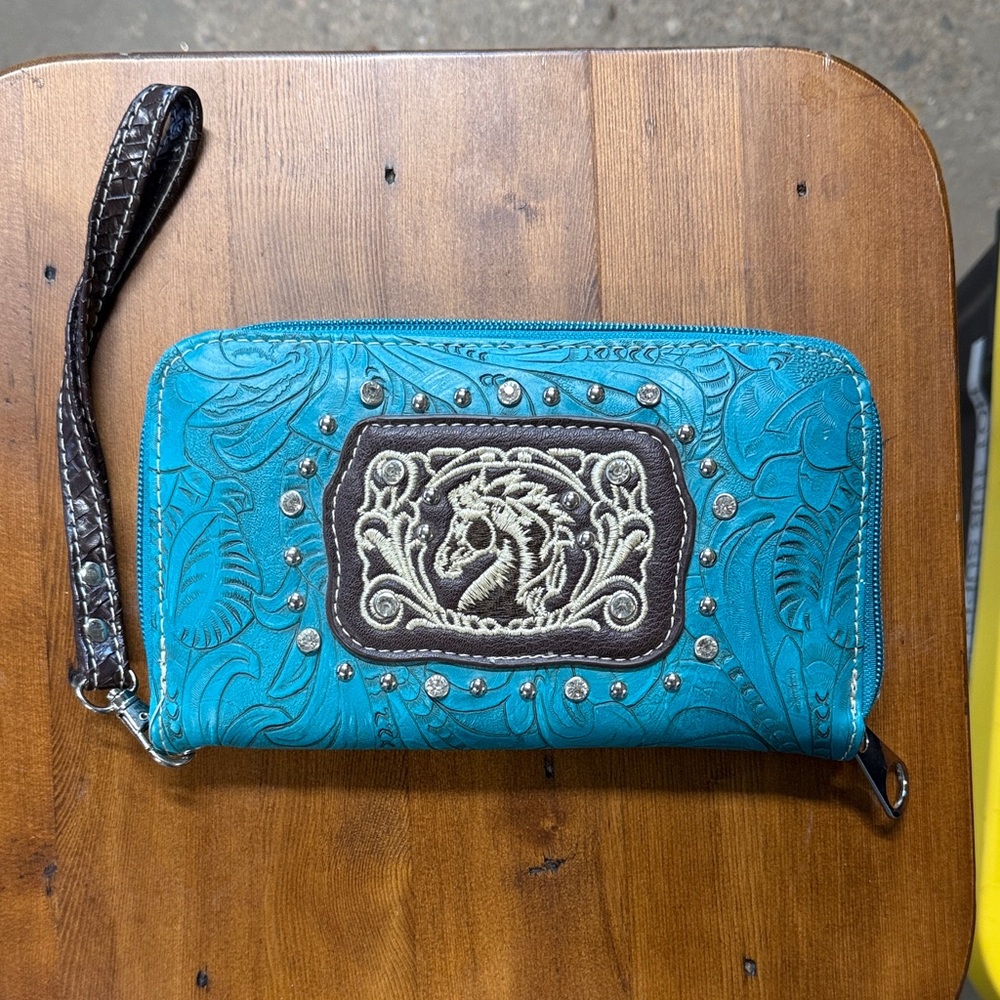 Teal Tooled Leather Wristlet Wallet with Embroidered Horse
